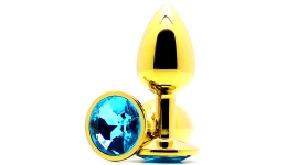 Золотая анальная пробка Butt Plug Gold - Aquamarine 7см*2,8см